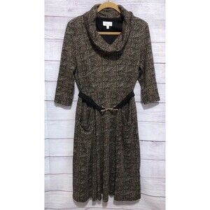 Signature By Robbie Bee Women’s Brown/Tan Cowl Neck Dress 3/4 Sleeve Belt M EUC